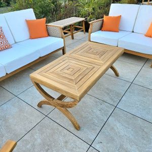 table basse de jardin extérieur en bois de teck design motif spirale